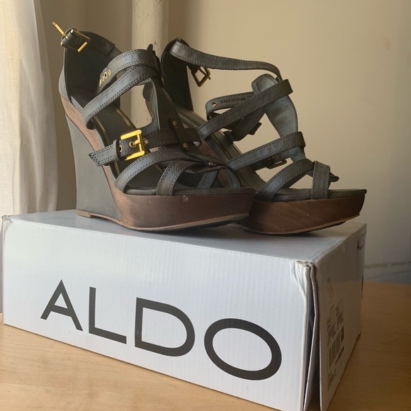 Grey ALDO buckled Wedges with Wood Platform - Picture 2 of 8